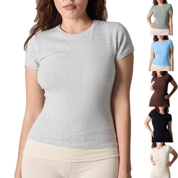 Fengqque Women's Leisure Daily Solid Color Cotton Short Sleeve Round Neck Tight Stretch Exercise Fitness T-shirt Sky Blue XL(XL)