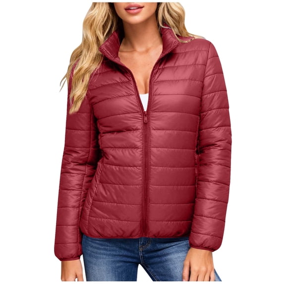 Fengqque Women’s Lightweight Quilted Puffer Jacket, Stand Collar Full Zip Long Sleeve Packable Casual Winter Outerwear with Side Pockets