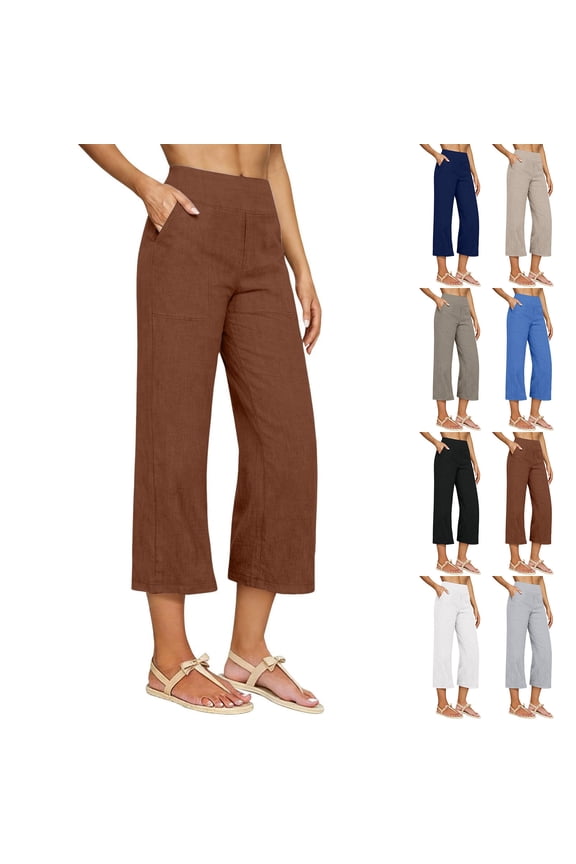 Women's Linen-cotton Capri Pants High Waisted Wide Leg Elastic Waist Palazzo Pants with Pocket White XL(XL)