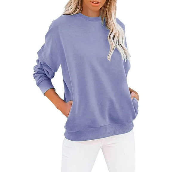 Fengqque Women's Long Sleeve Casual Loose Tops Crew Neck Trendy Tee Solid Color Pullover Shirts Purple 12(XXL)