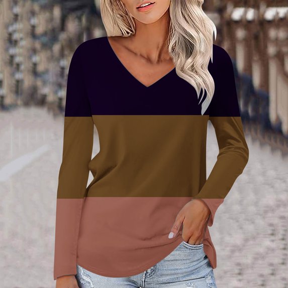 Fengqque Women's Fashionable and Comfortable V-neck Long Sleeved Color Blocked Versatile Top Khaki 12(XXL)