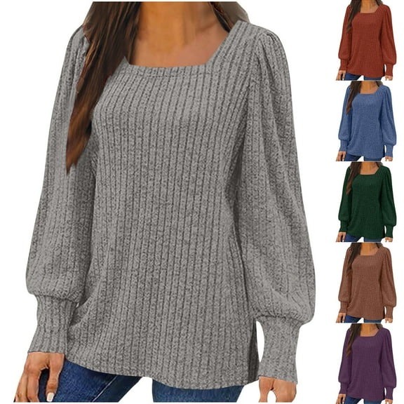 Fengqque Women's Sweaters Fall Lightweight Long Sleeve Square Neck Tunic Hem Slit Tops Purple 10(XL)