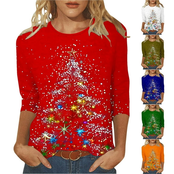 Fengqque Christmas 3/4 Length Sleeve Womens Tops Casual Loose Fit Crewneck T Shirts Cute Solid Tunic Tops White 10(XL)