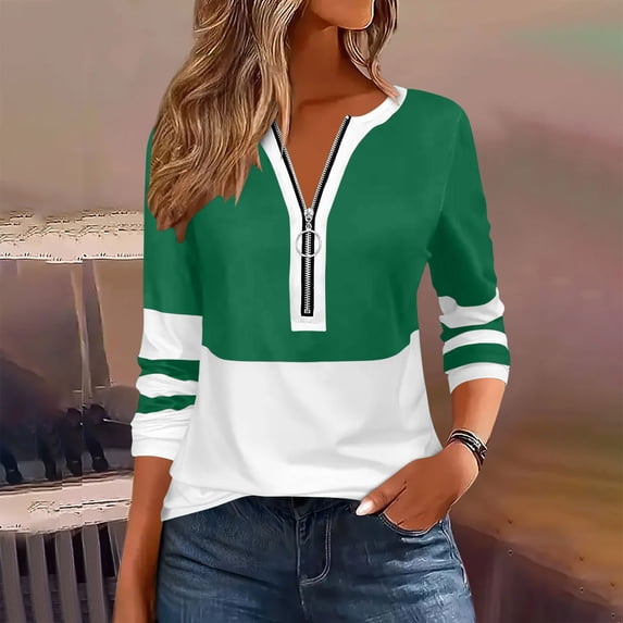 Fengqque Women's Long Sleeve Shirts Zipper Tops Tunics Casual Round Neck Tees Blouses Green XL