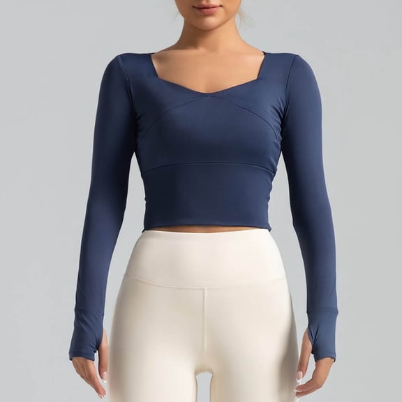 Fengqque Women's Long Sleeve Square Neckline Slim Fit Midriff-baring Workout Gym Breathable Yoga Athletic Tops Blue L(L)
