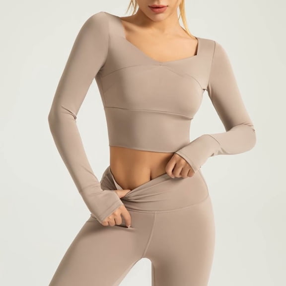 Fengqque Women's Long Sleeve Square Neckline Slim Fit Midriff-baring Workout Gym Breathable Yoga Athletic Tops Khaki S(S)