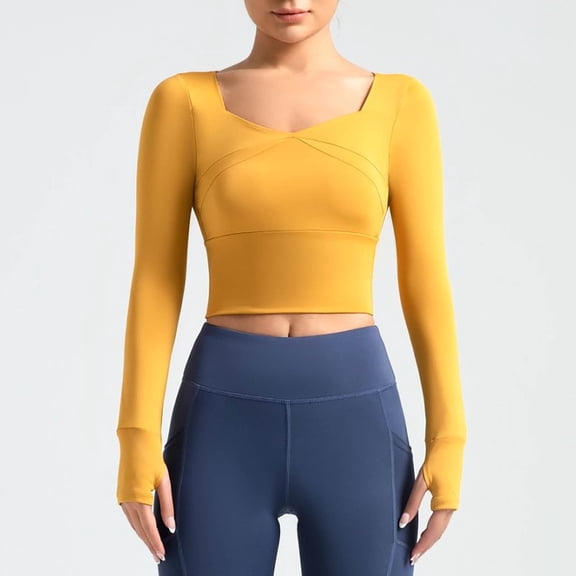 Fengqque Women's Long Sleeve Square Neckline Slim Fit Midriff-baring Workout Gym Breathable Yoga Athletic Tops Yellow XL(XL)