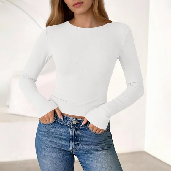 Fengqque Women's Long Sleeve T-Shirts round neck Slim Fitted Tops Stretchy Tight Casual Tees Basic Fall Shirts White M(M)