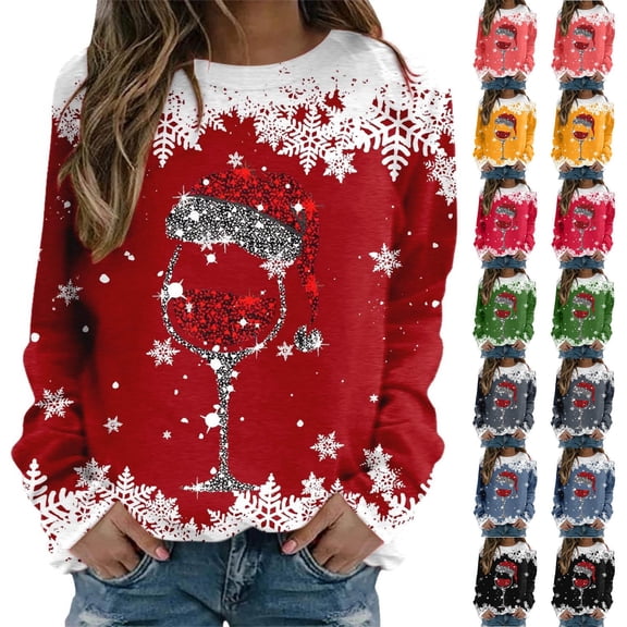 Fengqque Women's Long Sleeved Crew Neck Christmas Printed Sweatshirts Plus Size Casual Pullover Yellow 10(XL)