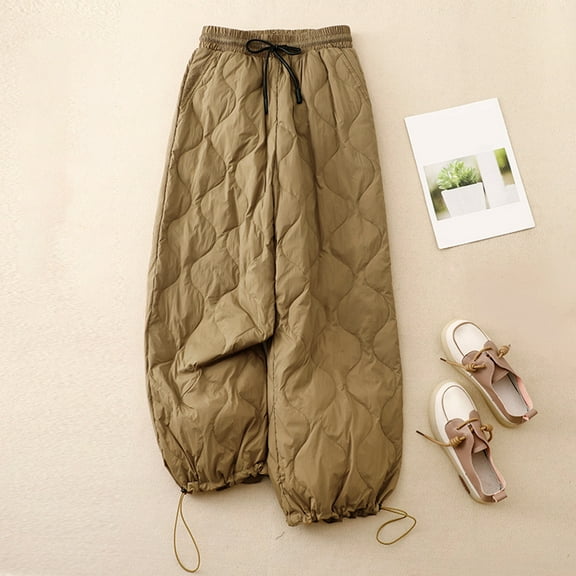 Fengqque Women's Loose Casual Solid Color Elastic Waist Clip Cotton Warm Wide Leg Cotton Pants Long Pants Khaki 4(M)