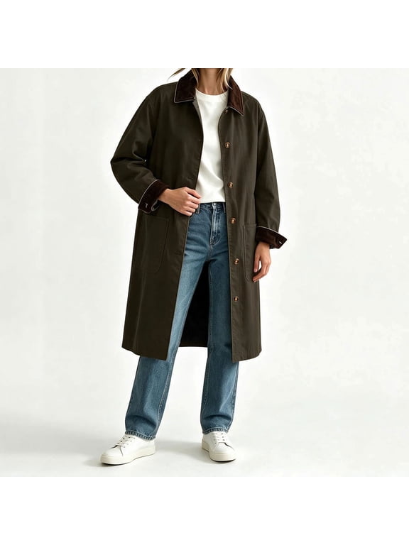 Women's Loose Long Trench Coat Vintage Corduroy Collar Contrast Jacket, Casual Single‑Breasted Cotton Overcoat with Pockets for Daily Wear