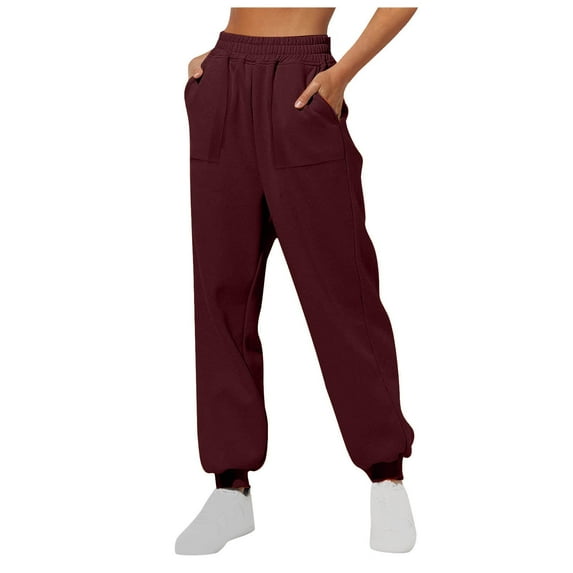 Fengqque Women's Loose Straight Leg Sweatpants Casual Workout Pants with Pockets Lapered Pants Wine 6(M)