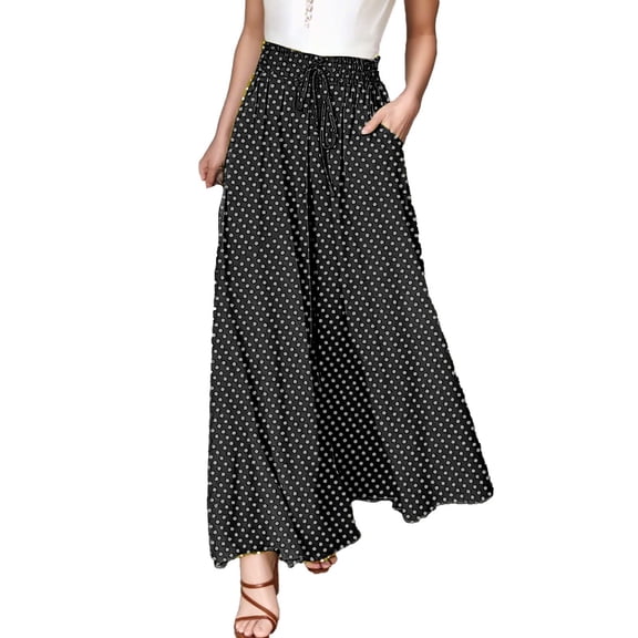 Fengqque Women's Loose Wide Leg Pants Skirt Bohemian Polka Dot Printing Elastic Waist Drawstring Wide-leg Pants Black XL(XL)