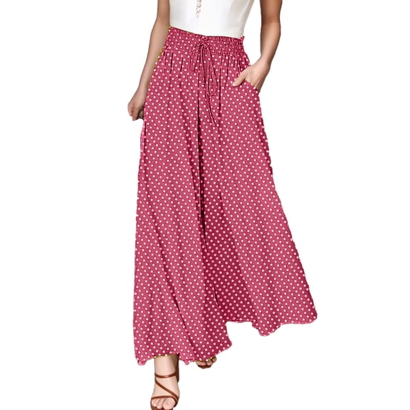 Fengqque Women's Loose Wide Leg Pants Skirt Bohemian Polka Dot Printing Elastic Waist Drawstring Wide-leg Pants Red XL(XL)