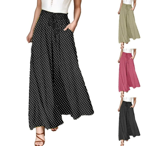 Fengqque Women's Loose Wide Leg Pants Skirt Bohemian Polka Dot Printing Elastic Waist Drawstring Wide-leg Pants Yellow XL(XL)