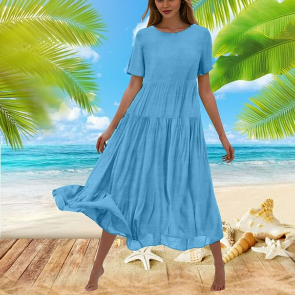 Fengqque Women's Loose and Casual Solid Color Short Sleeve Round Neck Layered Elastic Long Skirt Sky Blue 8(L)