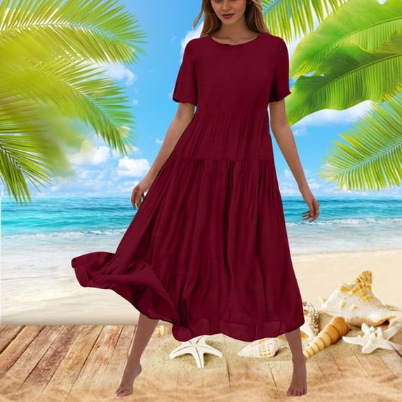 Fengqque Women's Loose and Casual Solid Color Short Sleeve Round Neck Layered Elastic Long Skirt Wine 6(M)