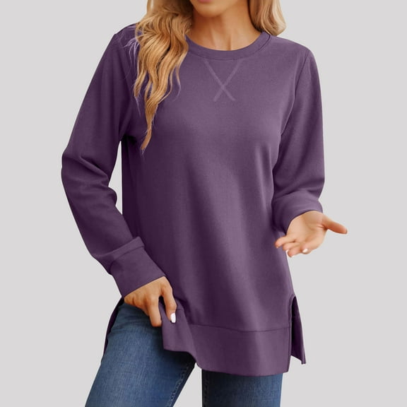 Fengqque Women's Loose and Comfortable Crewneck Long Sleeve Sweatshirt Lightweight Pullover Fall Clothes Purple XXL(XXL)