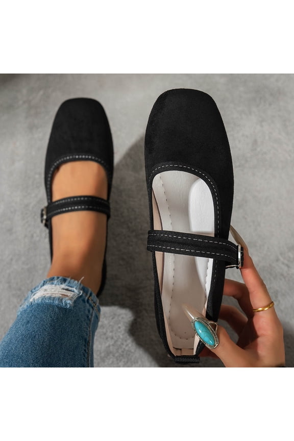Women s Mary Jane Flats Suede Breathable Square Toe Low Heel Buckle Slip-on Walking Shoes Black 5.5(36)