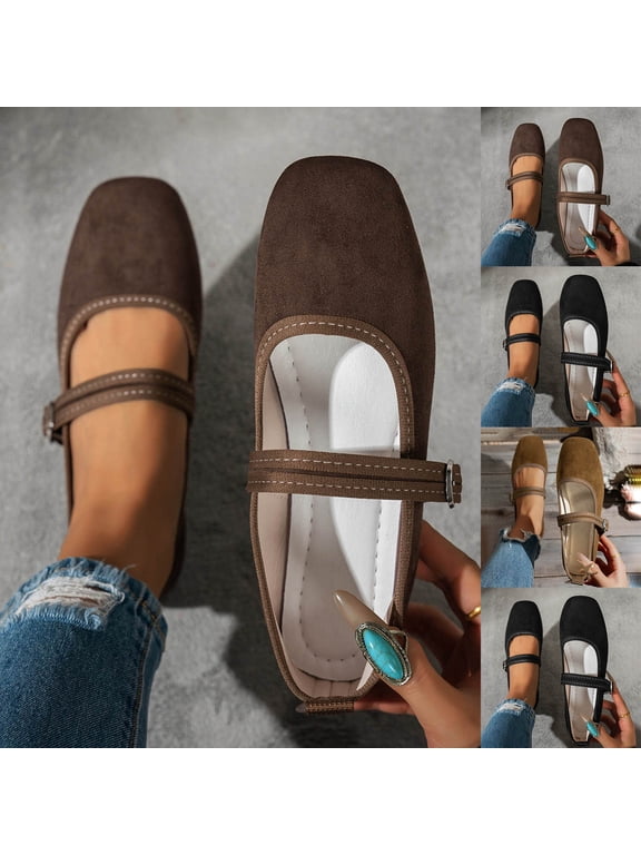 Fengqque Women s Mary Jane Flats Suede Breathable Square Toe Low Heel Buckle Slip-on Walking Shoes Coffee 9.5(43)