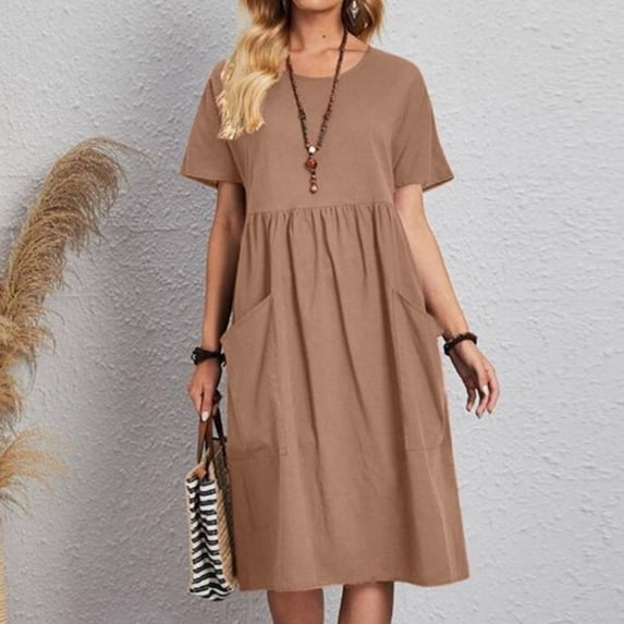 Fengqque Women's Midi Dress Cotton Crew Neck Short Sleeve Plus Size Gathered Waist Dress with Pockets Coffee 6(M)