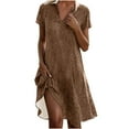 thumbnail image 1 of Fengqque Women's Midi Dress V-Neck Short Sleeve Plus Size Summer Solid Color Waist-cinching Dress Brown 10(XL), 1 of 5