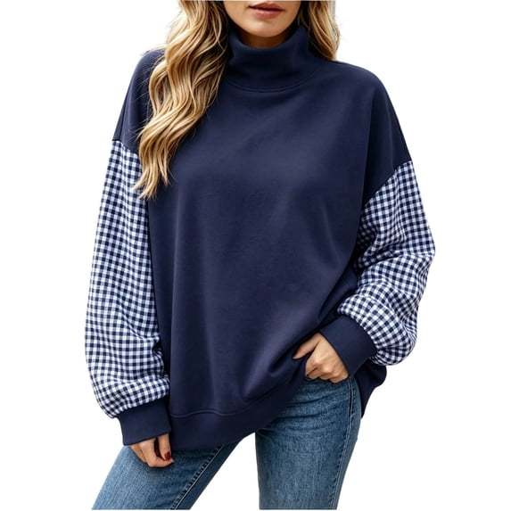 Fengqque Women's Mock Neck Gingham Plaid Spliced Sweatshirt, Loose Long Sleeve Casual Fall Pullover Tunic Tops Navy