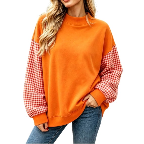 Fengqque Women's Mock Neck Gingham Plaid Spliced Sweatshirt, Loose Long Sleeve Casual Fall Pullover Tunic Tops Orange
