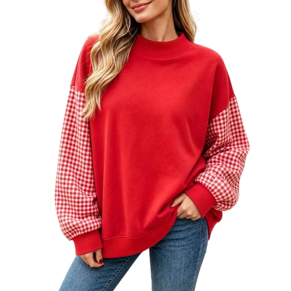 Fengqque Women's Mock Neck Gingham Plaid Spliced Sweatshirt, Loose Long Sleeve Casual Fall Pullover Tunic Tops Red