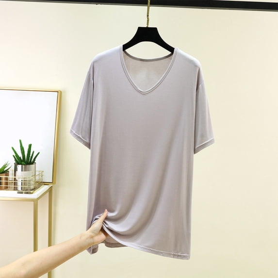 Fengqque Women's Modal T-shirt V Neck Short Sleeve Plus Size Shirts Summer Loose Basic Tunic Tops Tee Blouses Silver XXL(XXL)