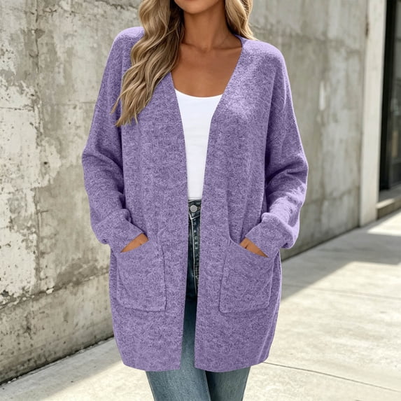 Fengqque Women’s Open Front Cardigan Sweater Long Sleeve Loose Casual Knit Coat with Side Pockets Soft Lightweight Mid‑Length Cover Up for Fall Winter