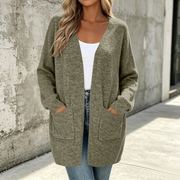 Fengqque Women’s Open Front Cardigan Sweater Long Sleeve Loose Casual Knit Coat with Side Pockets Soft Lightweight Mid‑Length Cover Up for Fall Winter