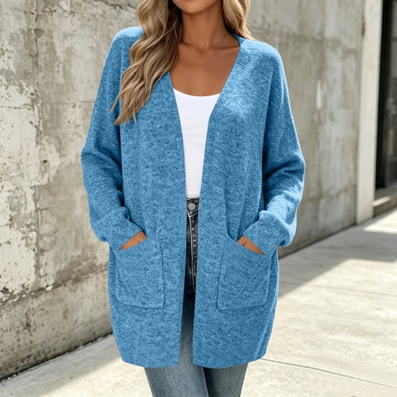 Fengqque Women’s Open Front Cardigan Sweater Long Sleeve Loose Casual Knit Coat with Side Pockets Soft Lightweight Mid‑Length Cover Up for Fall Winter