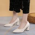 thumbnail image 1 of Fengqque Women's PU Leather Closed Toe High Heels Dress Pointed Toe Wedding Pumps Chunky Heel High Heels Beige 6(37), 1 of 9
