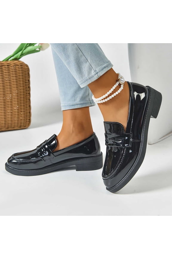 Women's PU Leather Loafers Classic Penny Loafers Chunky Heel Women's Flats Shoes Black 5.5(36)