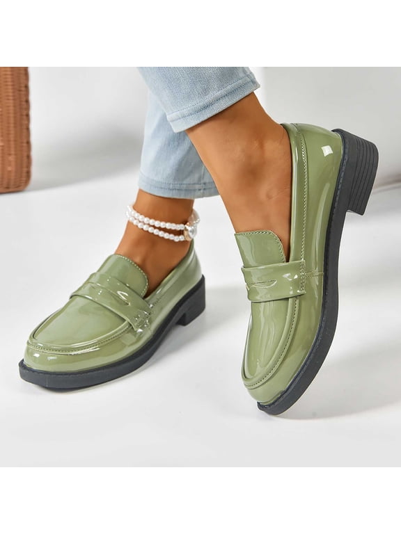 Women's PU Leather Loafers Classic Penny Loafers Chunky Heel Women's Flats Shoes Green 7.5(40)