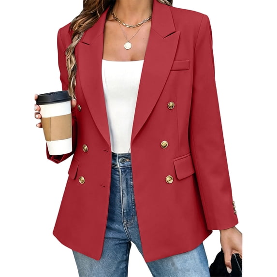 Fengqque Women’s Peak Lapel Double Breasted Blazer Buttons Pocket Loose Fit Business Casual Suit Jacket Red M