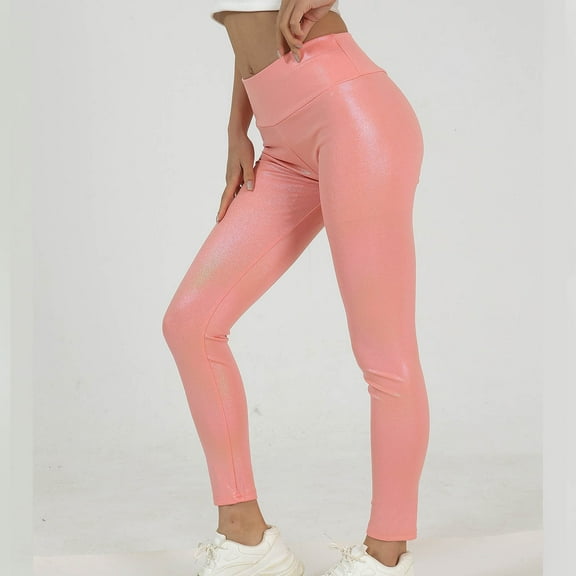 Fengqque Women's Pearl Leather Pants Shiny Yoga Pants Tight Fitting Lifted Buttocks Fitness Pants Quick Drying Breathable Yoga Pants Pink 8(L)