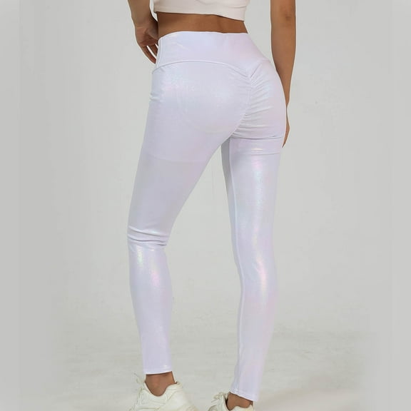 Fengqque Women's Pearl Leather Pants Shiny Yoga Pants Tight Fitting Lifted Buttocks Fitness Pants Quick Drying Breathable Yoga Pants White 8(L)