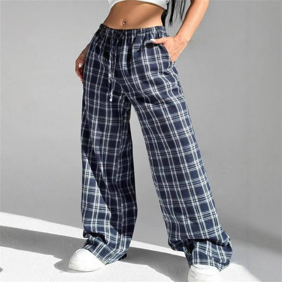 Fengqque Women's Plaid Elastic Waist Drawstring Sweatpants Wide-leg Baggy Pants Lounge Trousers with Pockets Blue 8(L)