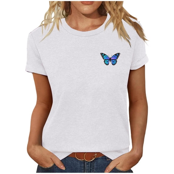 Fengqque Women's Plus Size Basic Short Sleeve T-Shirt Round Neck Tops Butterfly Print Summer Casual Tee White XL(XL)