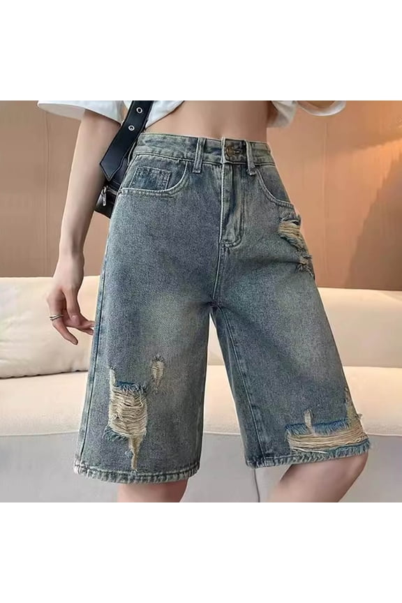 Women's Plus Size Bermuda Denim Shorts High Waisted Wide Leg Baggy Jean Shorts with Pockets Blue L(L)