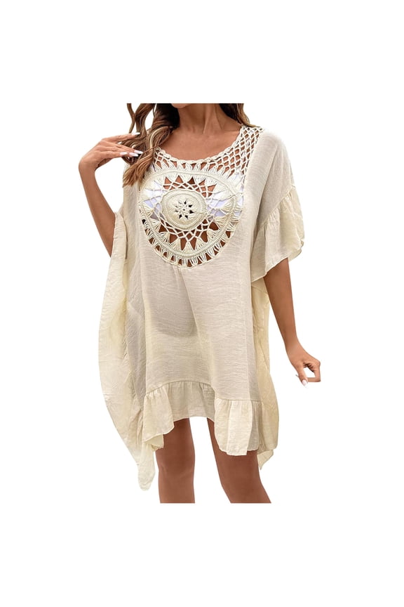 Women's Plus Size Dresses Summer Dress,Chest Hollow Design Round Neck Short Sleeve Ruffled Hem Loose Breathable Women's Casual Dresses Beige Free Size(Free Size)