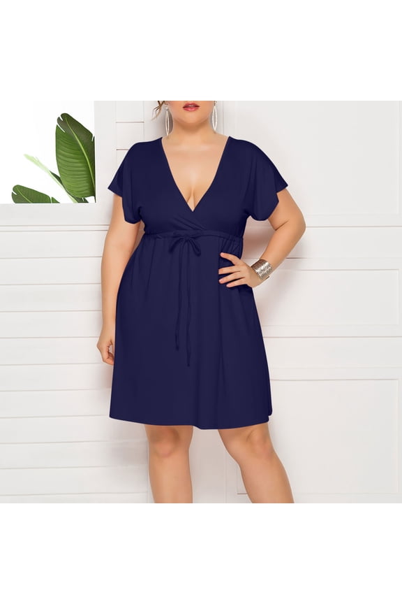 Women's Plus Size Dresses Summer Dress V-neck Short Sleeve Ruffle Sleeves Waist-cinching Belt Pleated Solid Color Women's Casual Dresses Dark Blue L(L)