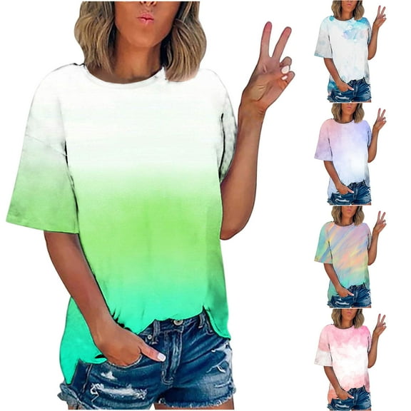 Fengqque Women's Plus Size Short Sleeve Round Neck Gradient Printed Loose Casual T-shirt Fashionable Daily Tops Purple 10(XL)