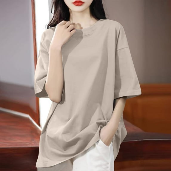 Fengqque Women's Plus Size Short Sleeve T-Shirts Round Neck Solid Color Loose Tops Summer Basic T-shirt Khaki XXL(XXL)