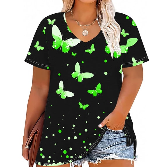 Fengqque Women's Plus Size Short Sleeve V-neck Butterfly Printing Extra Large Loose T-shirt Casual Fashion Top Green XL(XL)