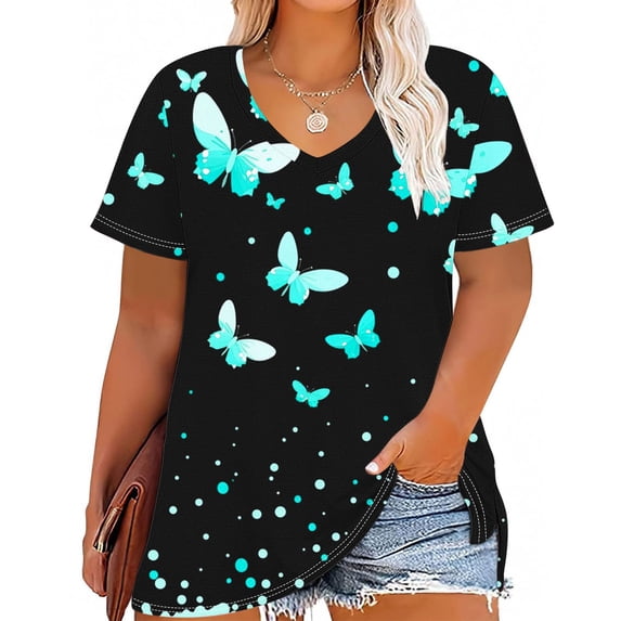 Fengqque Women's Plus Size Short Sleeve V-neck Butterfly Printing Extra Large Loose T-shirt Casual Fashion Top Light Blue XXXL(XXXL)