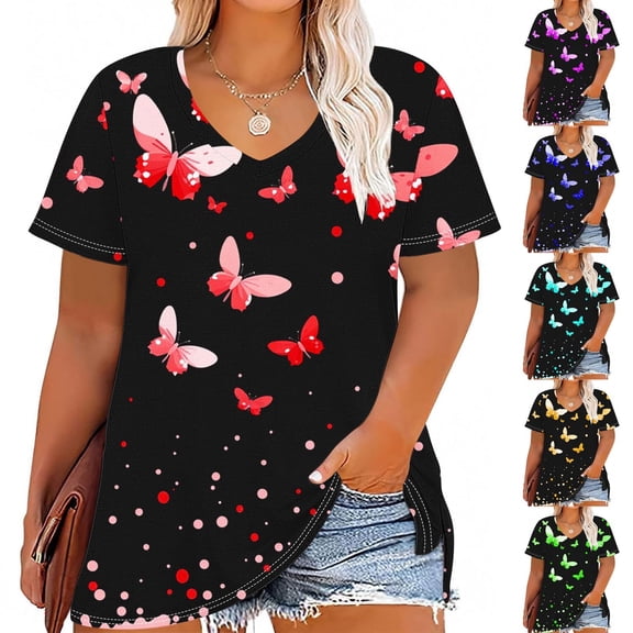 Fengqque Women's Plus Size Short Sleeve V-neck Butterfly Printing Extra Large Loose T-shirt Casual Fashion Top Yellow XL(XL)