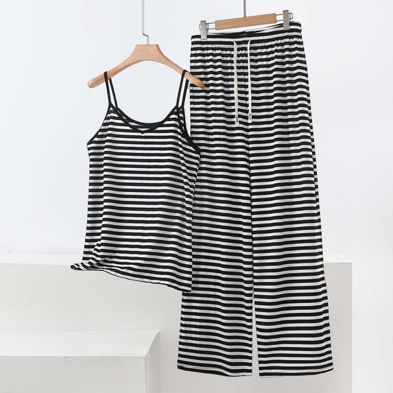Fengqque Women's Plus Size Striped Loungewear Set Spaghetti Strap Cami Top & Drawstring Wide Leg Pants Pajama Set Dark Gray-D XXXXL(XXXXL)